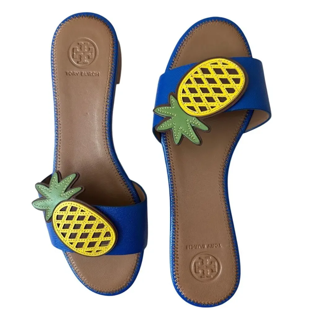 Tory Burch‎ Pineapple Accent Slide Sandals Blue Size 7